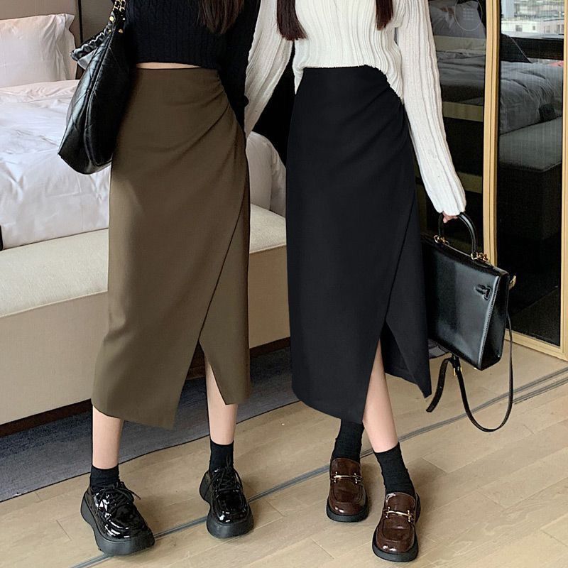 ツイード半身スカート秋冬新作ハイウエスト着痩せa字ミディアムスカートプリーツ開脚バッグヒップワンステップスカート