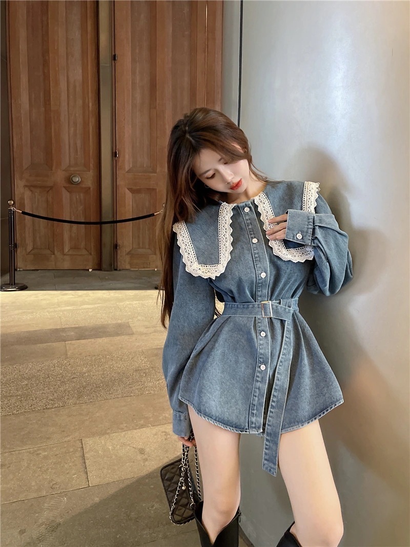 デザインレースレース本長袖デニムス