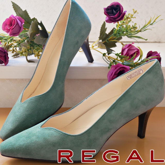 リーガル レディース Vカット プレーンパンプス ポインテッドトゥ とんがりトゥ ハイヒール 本革 F02N ブルーグリーンスエード メイドインジャパン 日本製 靴