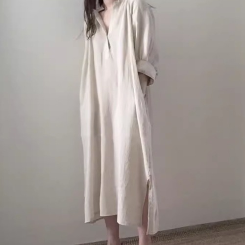 シャツ ワンピース シンプル カジュアル 上品 おしゃれ アジアン こなれ感 ラフ レディース プルオーバー ロング 長袖 Vネック 襟付き ワイド フレア ストレート 薄手 リネン きれいめ 個性的