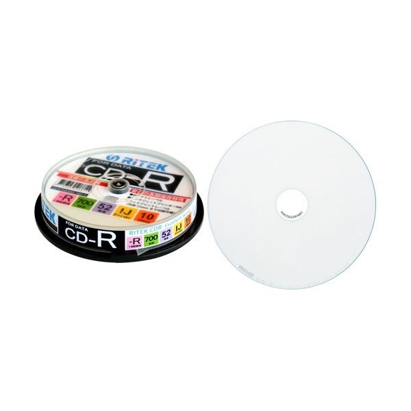 (まとめ)RITEK データ用CD-R 700MB1-52倍速 ホワイトワイドプリンタブル スピンドルケース CD-R700EXWP.10RT C 1パック(10枚) 10セット