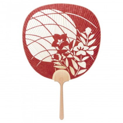 日本製(MADE IN JAPAN) うちわ 万葉(エンジ) 両面透かし 1142