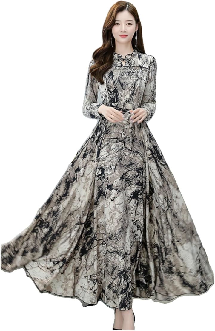 大理石柄 ワンピース レディース パーティードレス ロング Aライン リボン 長袖 きれいめ ハイウエスト XL(ベージュ系, XL BigLong)