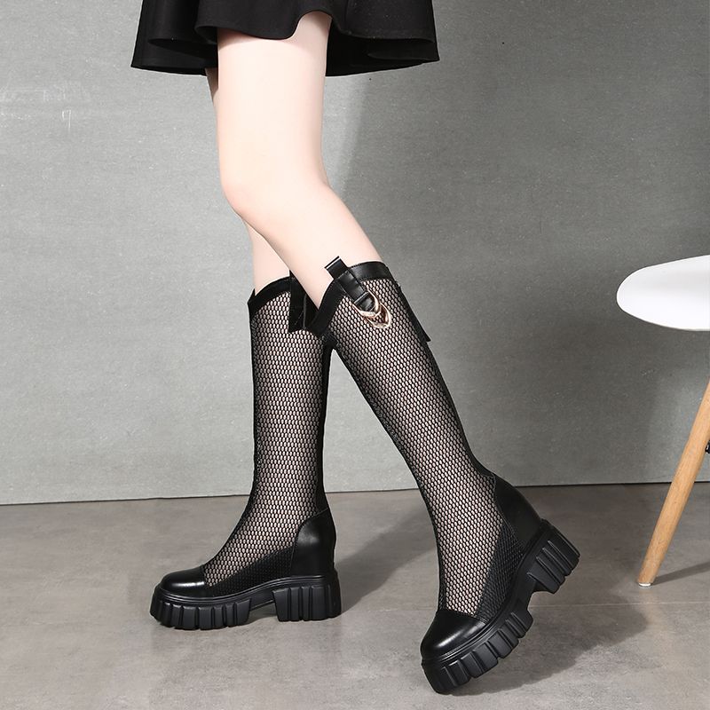 ヒールパンプス厚底スニーカーシューズブーツ 夏の長靴薄手タイプ通気性網糸高筒透かし網靴ハイヒール レディース 韓国ファッション サンダル さんだる