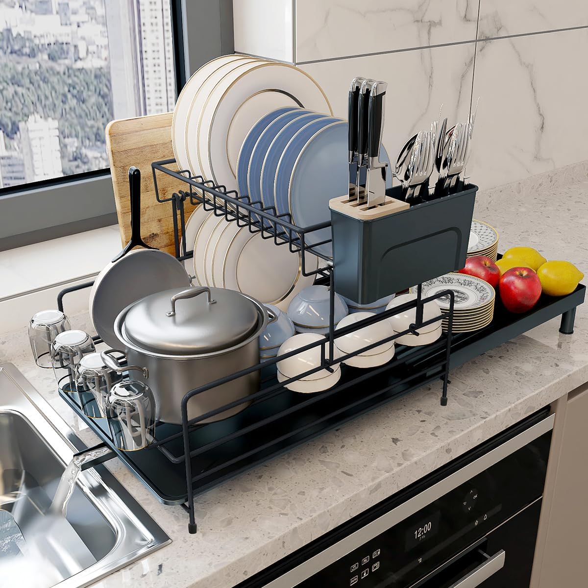 伸縮式2段水切りラック 幅調整可能 大容量 滑り止め付き 食器乾燥から包丁やまな板収納まで対応 組み立て簡単