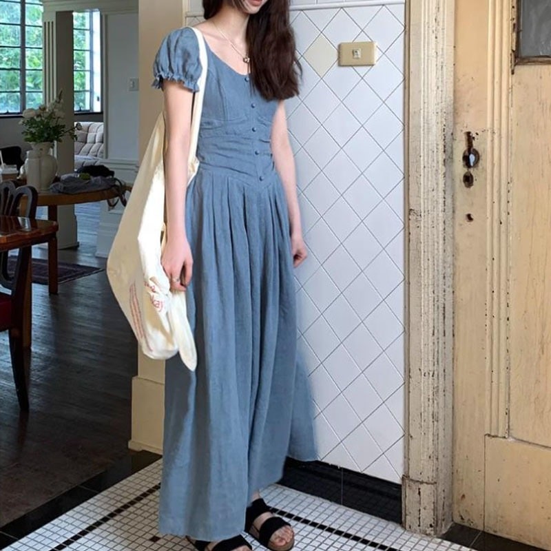 【送.料.無.料.急速発送】リネン2025レトロ半袖ミディアム丈ワンピース 夏
