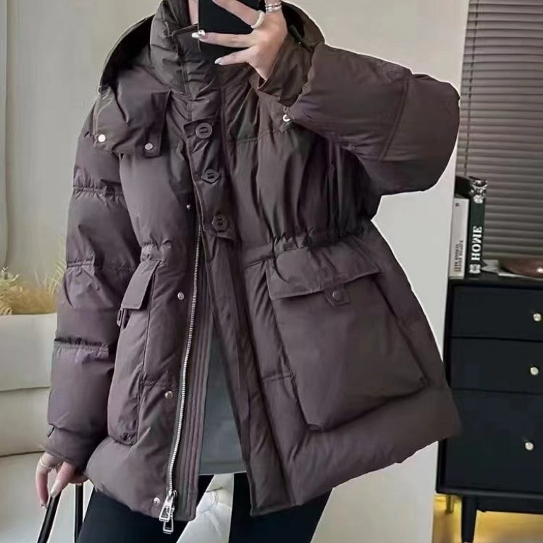 ダウンジャケット女性のための 2025 冬の新韓国スタイルミディアム丈ダックダウン巾着ウエスト痩身肥厚ワークジャケット