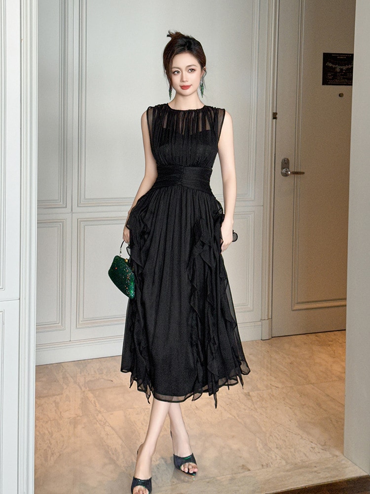 【JY.上品】 2024夏新品 シフォンワンピース シワ ノースリーブ ドレス パーティー キャバ 大人 同窓会 披露宴 卒業式 結婚式 演奏会 ウェディング 二次会 メガ割