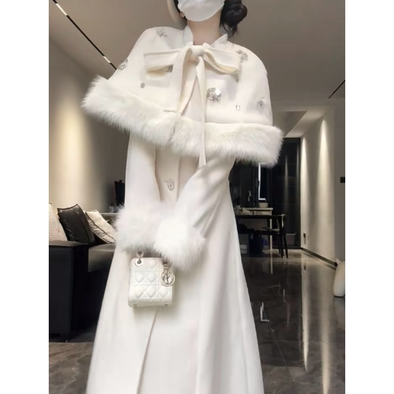 Rich Heiress レディース 秋冬 ツーピースセット：厚手の暖かいリボンとケープが付いたスリムフィットウールコート