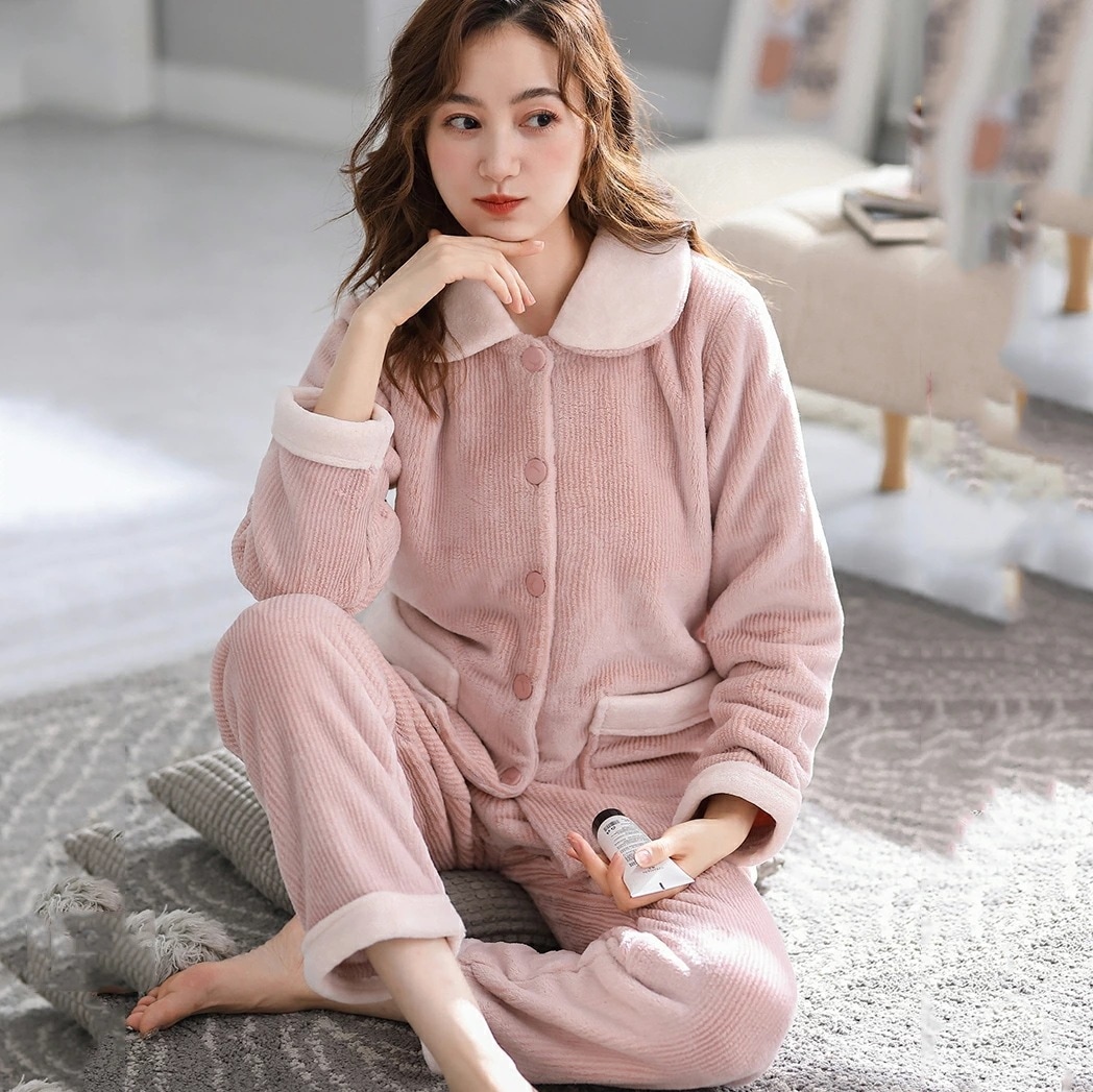 【人気SALE】ルームウェア レディース 冬 長袖 パジャマ 厚手 かわいい 上下セット 前開き きいサイズ あったか 可愛い 女性用 婦人 もこもこ 部屋着 長ズボン シンプル 裏起毛 プレゼント
