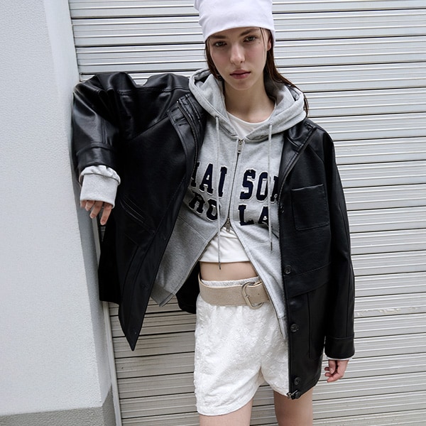 HIGH NECK LEATHER JACKET BLACK