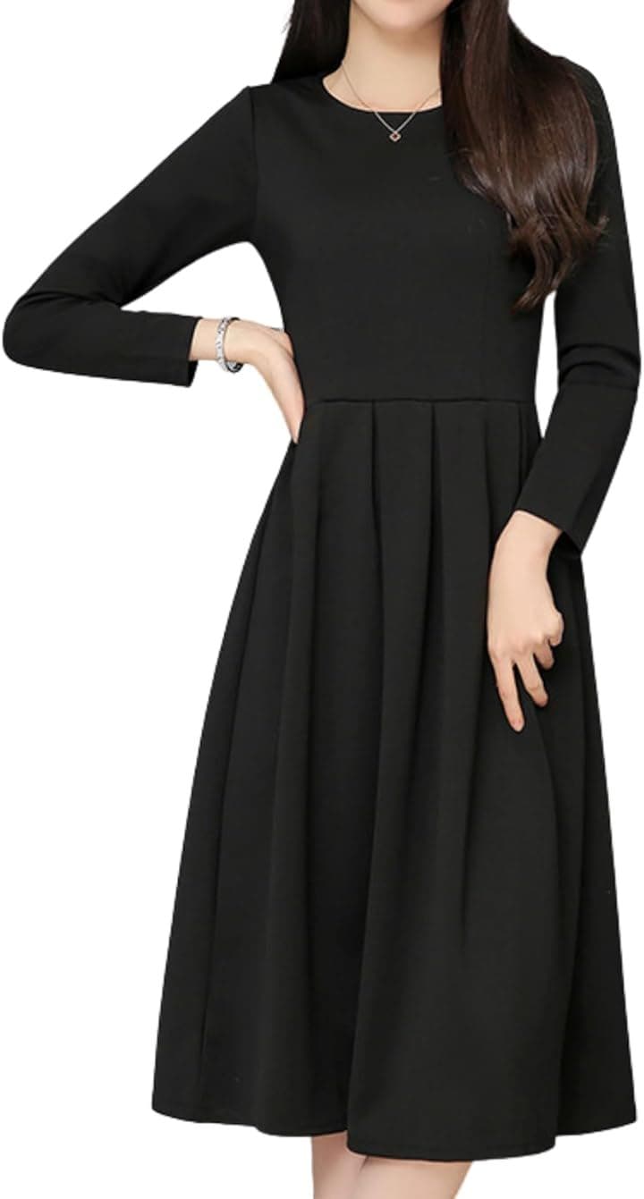 ワンピース 長袖 フォーマル セレモニー クルーネック ストレッチ 素材 レディース 冠婚葬祭 演奏会 学校 行事 (ブラック, 2XL)