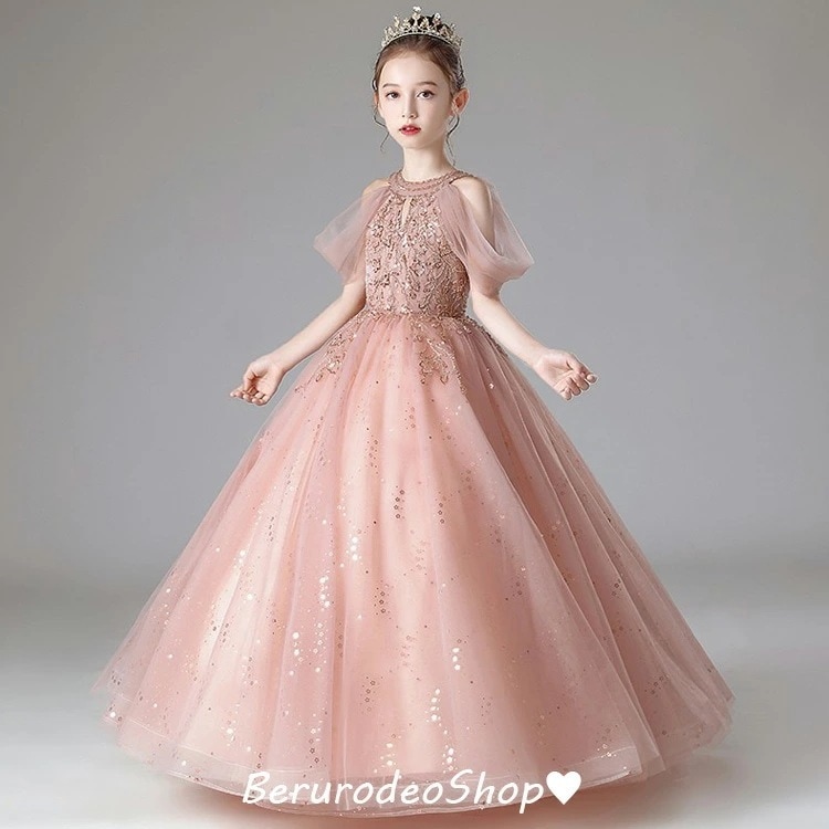 子供ドレス ピンク ロングドレス ピアノ発表会 女児ドレス ホルターネック オフショルダー ベージュ ブルー 演奏会ドレス 女の子 ビーズ スパンコール キレイめ キッズドレス 子供ピアノ用 80 9