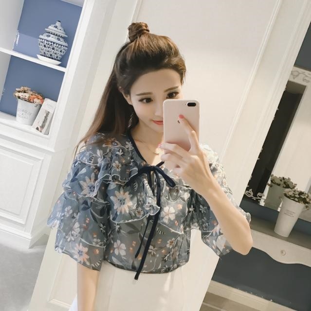 2196.花柄 シフォン フリル トップス(ネイビー) 100,000円