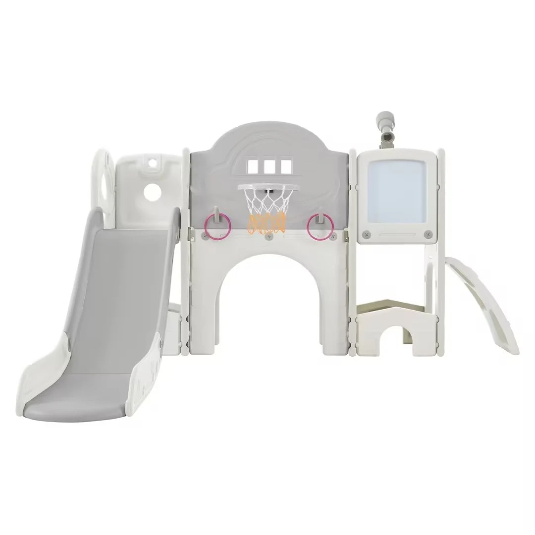 【国内発送Ｍ】1400すべり台 キャッスル 大型遊具 すべりだい スライダー 室内 遊具 バスケットゴール 収納 グレー×ホワイト