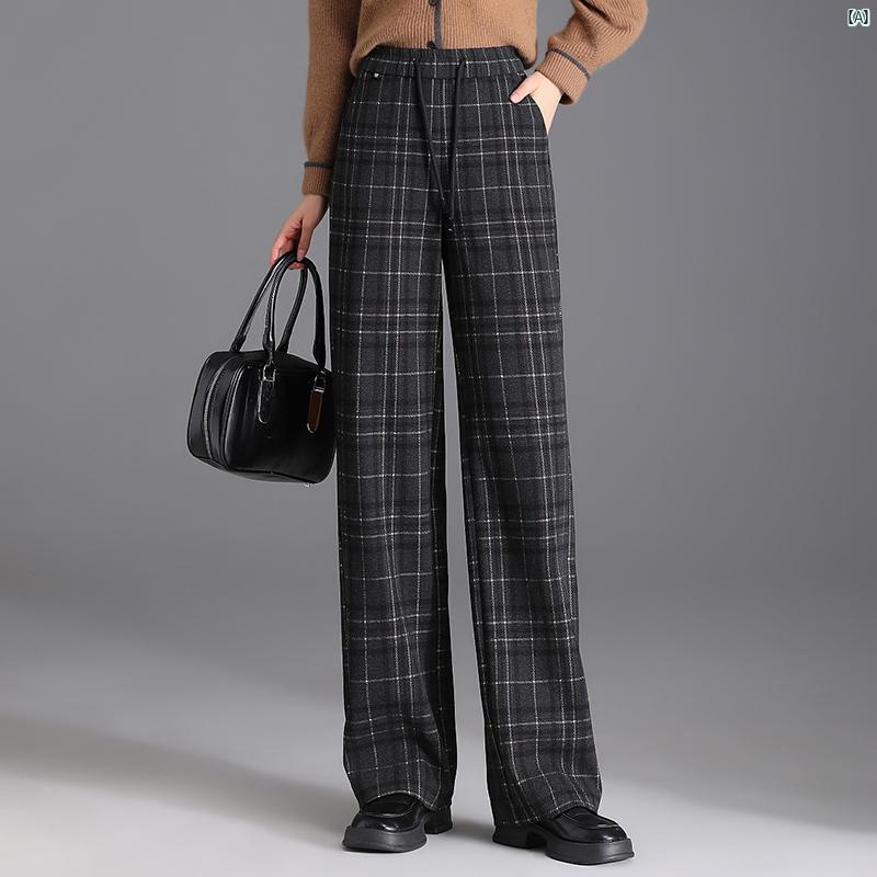 チェック柄 ワイド レッグ パンツ レディースパンツ 秋 ハイウエスト レトロ スリム カジュアル ストレート ズボン