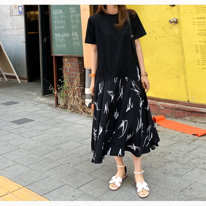 ワンピース 膝下 ミモレ ミモレ丈 ロング ロング丈 袖あり 半袖 ラウンドネック ワイド カジュアル 大人 おしゃれ お洒落 かっこいい 大人女子 こなれ感 ラフ 柄 花柄 春 夏 10代