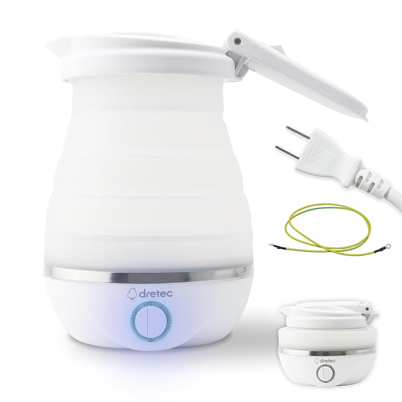 即納：ドリテック(dretec) 電気ケトル 小型 折り畳みケトル 持ち運び トラベル キャンプ 容量600ml 国内・海外対応 アウトドア 折りたたみ 携帯 車中泊 PO-168WT
