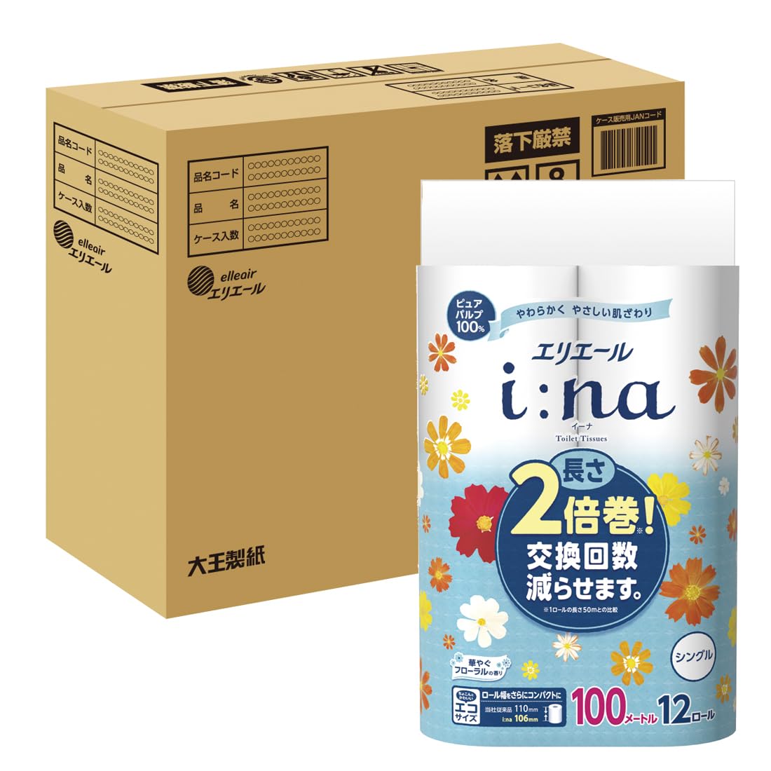 【Amazon.co.jp限定】 エリエール トイレットペーパー i:na(イーナ) 2倍巻き 100m×36ロール(12ロール×3パック) シングル パルプ100% 華やぐフローラルの香り 【ハーフ