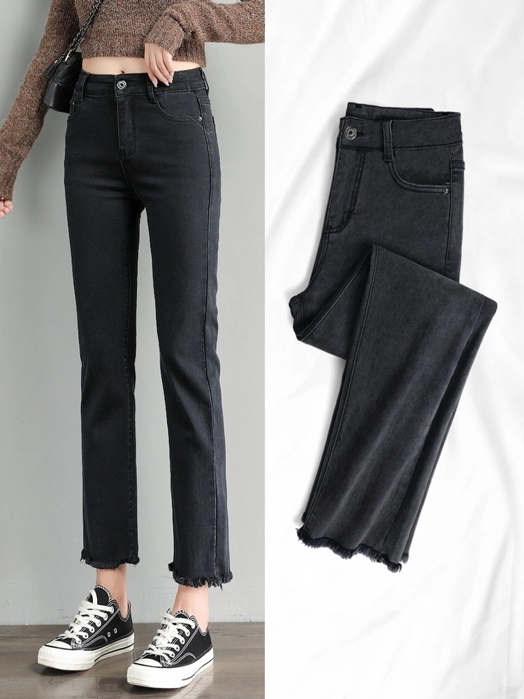スモールストレートジーンズ女性ルーズ春新作ハイウエストハlイハイ薄型9分マイクロフレア