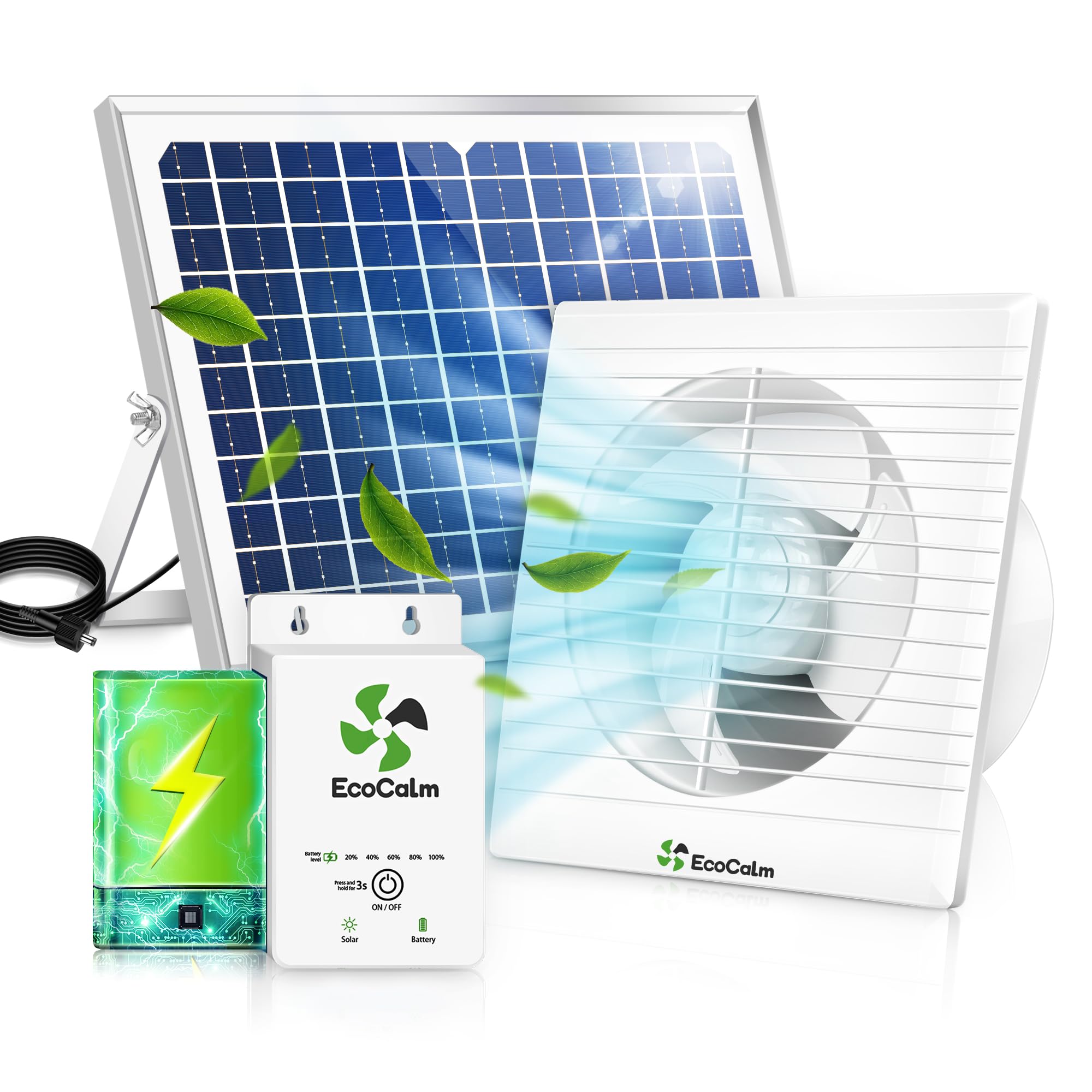 ecoCalm ソ一ラ一換気扇 20cm チ排気ファン，ソーラー 扇風機 両面太陽光パネル発電 & バッテリー付き充電，ソーラーファン 温室 屋根裏 ガレージ用 換気や放熱に使用でき