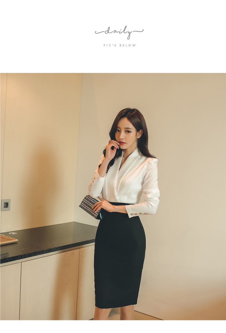 送料無料即納即納　胸元　Ｖライン　ゴールドボタン飾り　エレガント　バイカラー　ひざ丈　ワンピース　フォーマル　ＯＬ　通勤