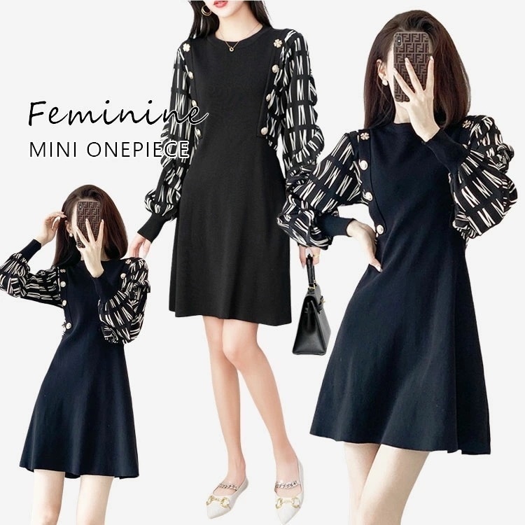 【新作】切り替え ワンピース レディース ワンピース エレガント ニット 秋冬　韓国　Vネック 50代 30代 40代 新作　膝丈 通学 通勤　ワンピース レディース　上品　2023春ワンピ