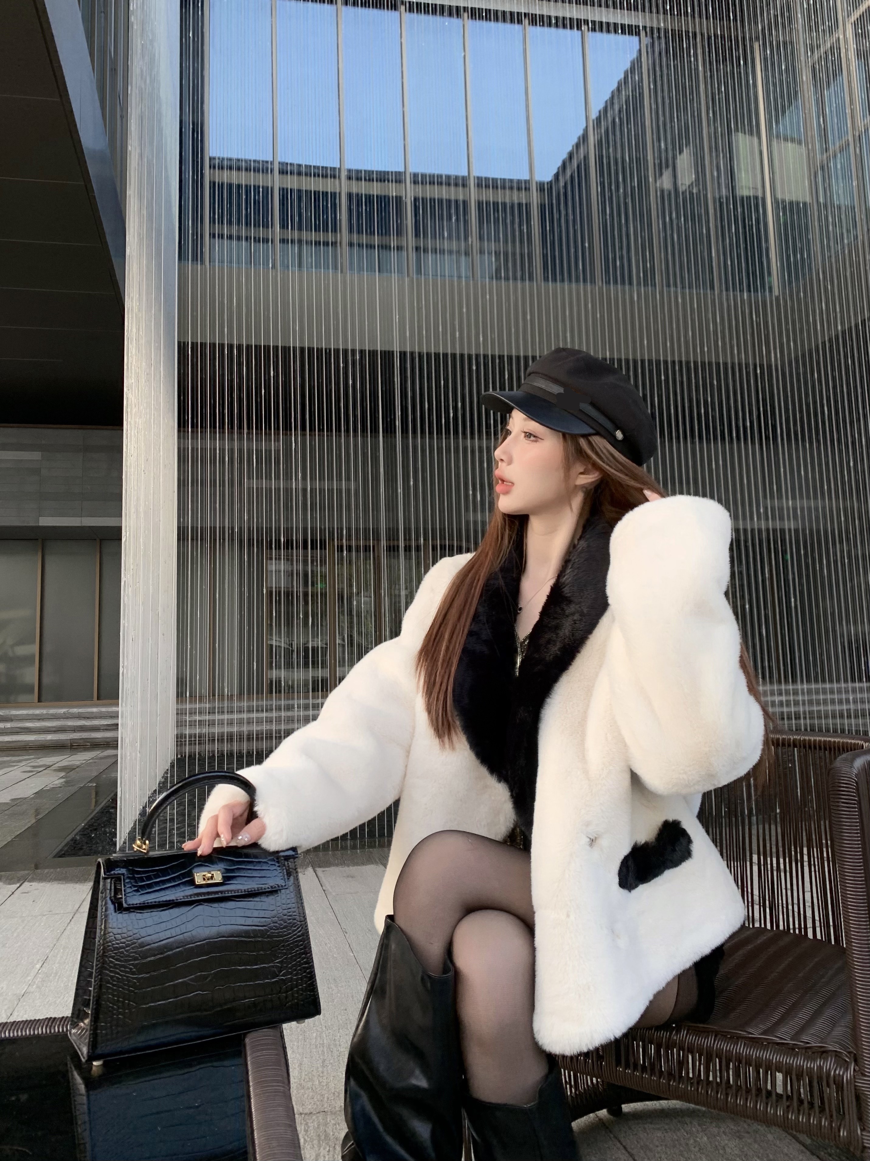 1色FREE韓国高級感のあるフェルト一体モッキングコート女子2023新品秋冬トップス