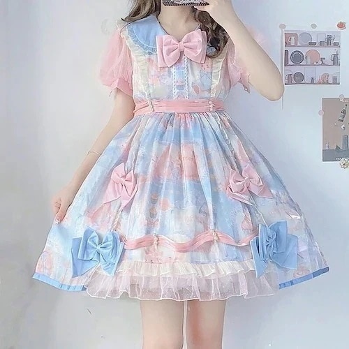 パステルカラーリボンワンピース キャンディーペーパー ロリータ 長袖 半袖 ドレス スウィート かわいい ドール ロールプレイ コスプレ