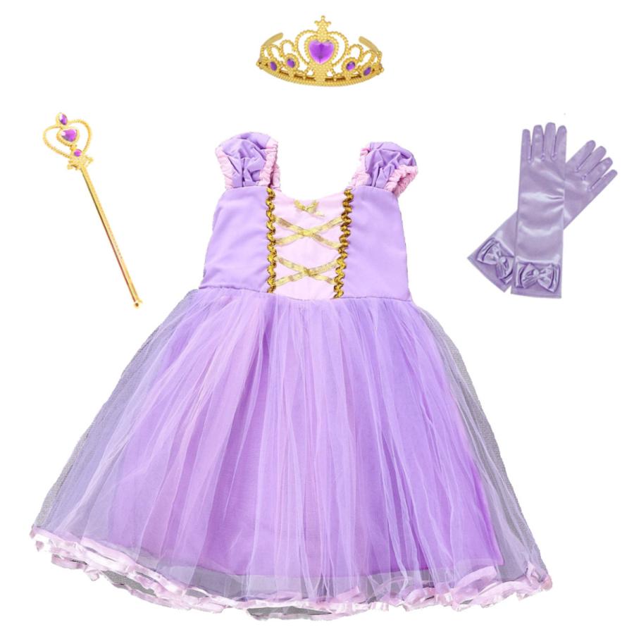 [即纳]新作先行発売ラプンツェル ドレス 子供 コスプレ 衣装 豪華４点 セット ( プリンセス ドレス グローブ ティアラ ステッキ ) ９0 100 110 120 130【短納期】