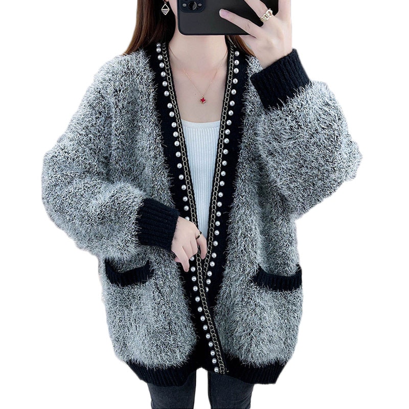 カーディガン レディース ニット Vネック ゆったり 体型カバー 保温 ふわふわ　ポケット付 レトロ 可愛い カジュアル　トップス アウター 羽織 厚手 通勤 秋 冬