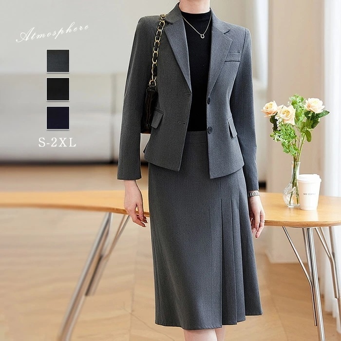 スーツ レディース スーツセット Vネック タックスカート ビジネススーツ スカートスーツ 上下セット フォーマル 上品 入学式 洗える ジャケット スカート 2点セット オフィス 長袖 エレガント