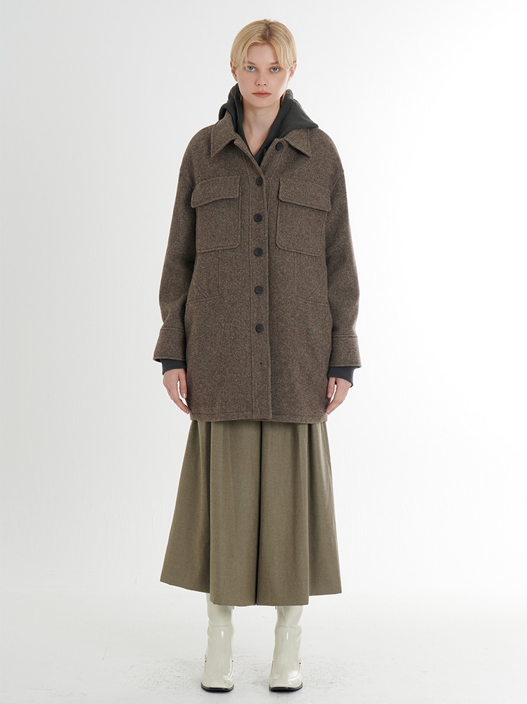 울 트위드 롱 루즈핏 셔츠 구조적인 자켓_브라운트윌