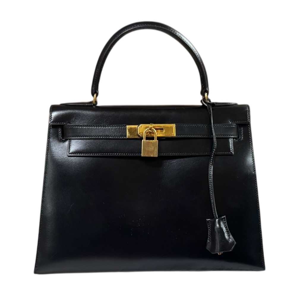 エルメス ケリー28 外縫い ハンドバッグ ボックスカーフ ブラック HERMES 中古 519,200円