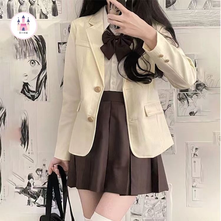 jkコートエンブレム制服スーツコートウエストシャツダークカレー色プリーツスカート小スーツ正肩