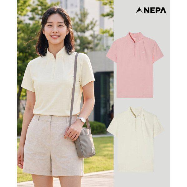 女性用アイストリコット半袖ジップアップTシャツ（2色）7M45423_GN