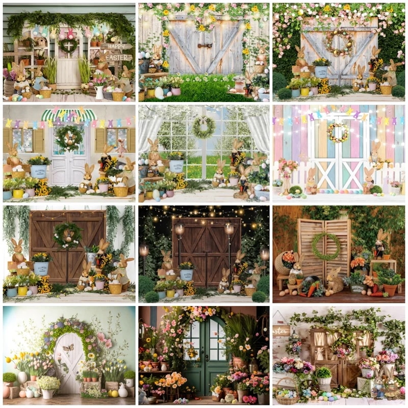 より高速な日のバニー写真の背景より速い卵新生児の写真の小道具春の背景緑の植物ウサギ写真スタジオ