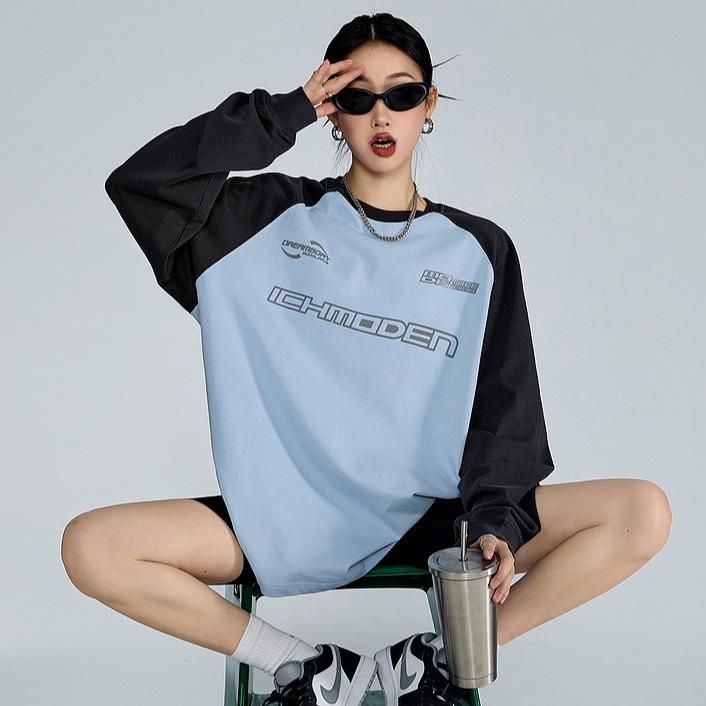 2025 春夏 トレンド トップス バイカラー長袖 かわいい K-POPT ロング 黑レディース韓国風ロゴ衣装ルーズゆったりカジュアルおしゃれサイズスリーブシルエットファッション系サイド春
