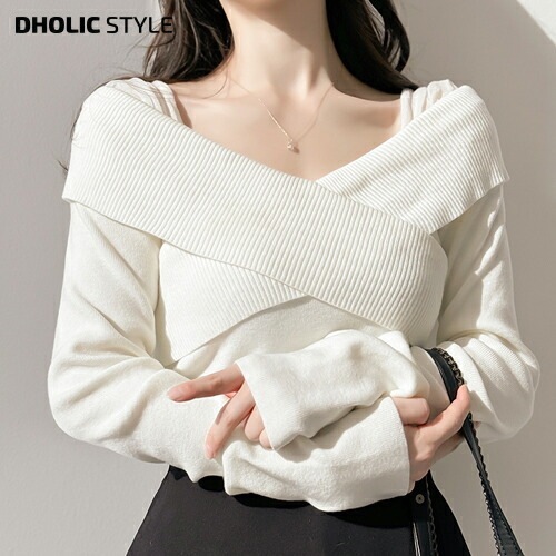 [メガ割りSALE]シアー配色オフショル風クロスリブニット・p622773