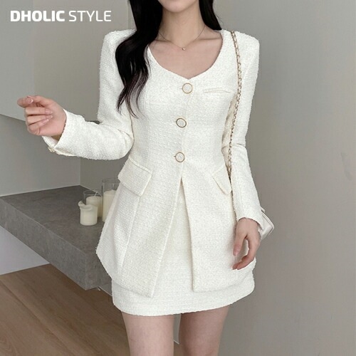 [メガ割りSALE]ロングツイードジャケット&ダーツスカートSET・p642366