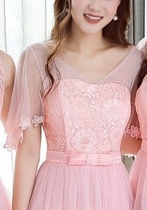 1963.シースルーレースフリルドレス（ピンク五分袖）2019 春夏 sale 春夏 sale ワンピース フレア エレガント お呼ばれ パーティー 結婚式 披露宴 女子会 レストラン デート