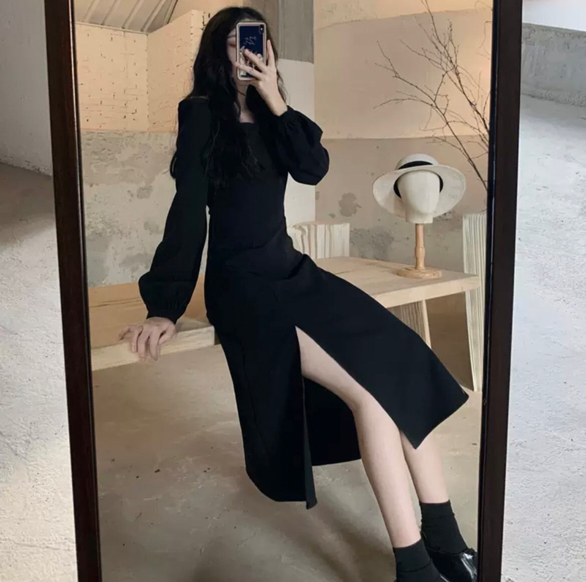 ワンピース ロング ロング丈 袖あり 長袖 スクエアネック Aライン スリット 大人可愛い きれいめ シンプル カジュアル 大人 上品 おしゃれ レトロ 大人可愛い 大人女子 セクシー エレガント