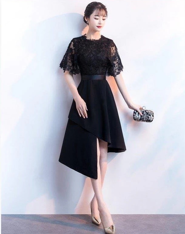 パーティードレス 結婚式 ドレス 袖あり 二次会ドレス フレア ミディアム丈ドレス 黒 パーティドレス 二次会 ドレス 卒業式 成人式 大きいサイズ お呼ばれドレス