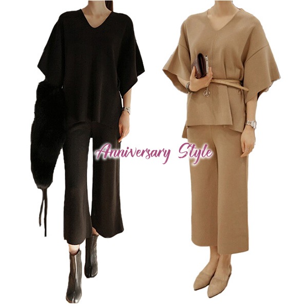 セットアップ ニット レディース 春 パンツスーツ おしゃれ 黒 キャメル 即納 ベルト付 10684 ワイド ガウチョパンツ ツーピース ゆったり Vネック ドルマン