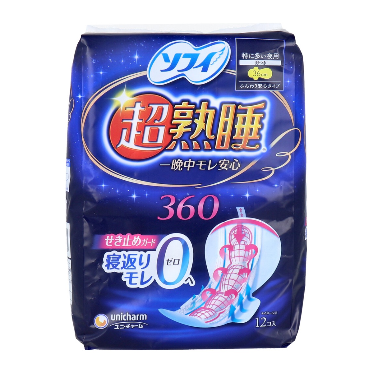 生理用ナプキン ユニ・チャーム 超熟睡 一晩中モレ安心 ふんわり安心タイプ 特に多い夜用 羽つき 36cm 12個入り X8パック