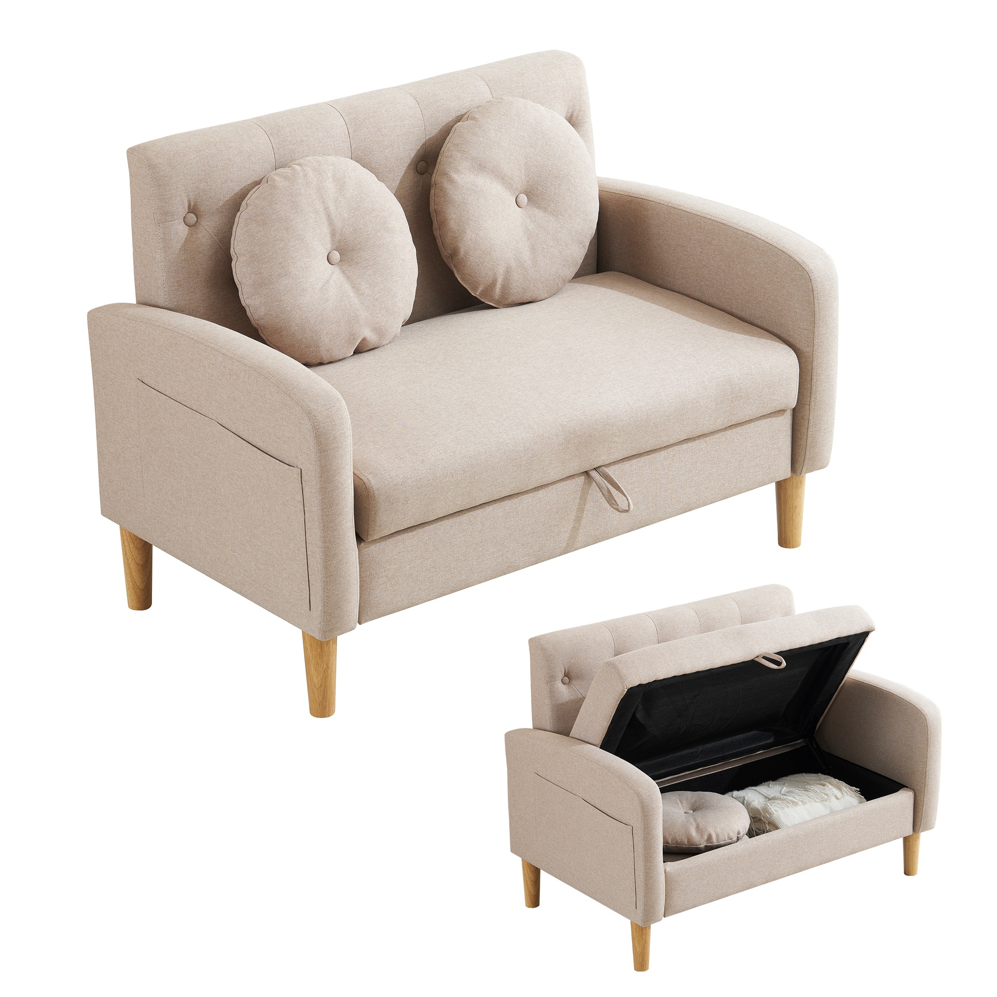 【国内発送&送·料·無·料】1537ソファ 2人掛け 収納機能 クッション2個付き ローソファ