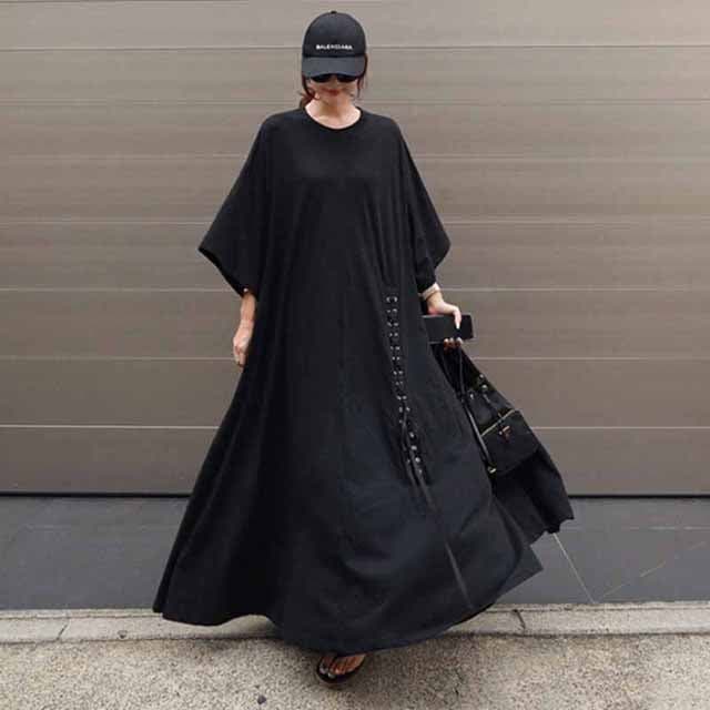 ロング丈ワンピースクロスリボンマキシ丈ドロップショルダー綿コットンマキシワンピゆったりルームウェア 5,563円