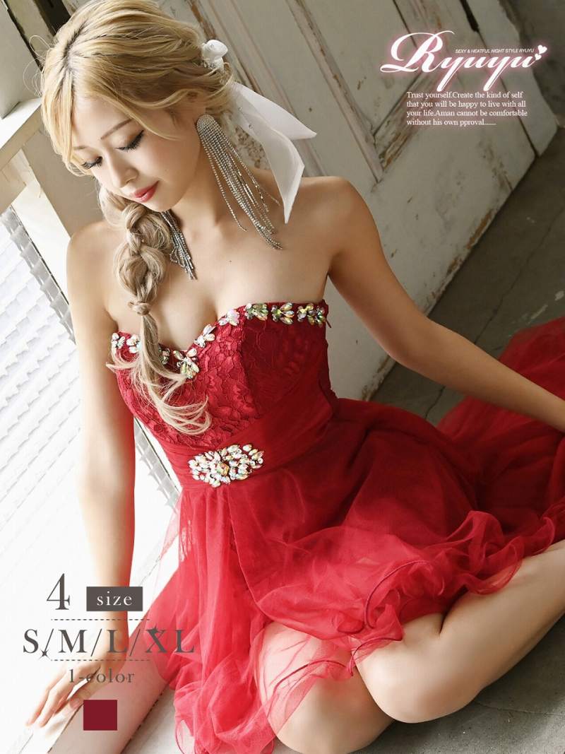 レッドドレス ロング 豪華 赤 アシンメトリー 誕生日 キャバクラ チュール キャバ嬢 編み上げ Ryuyu