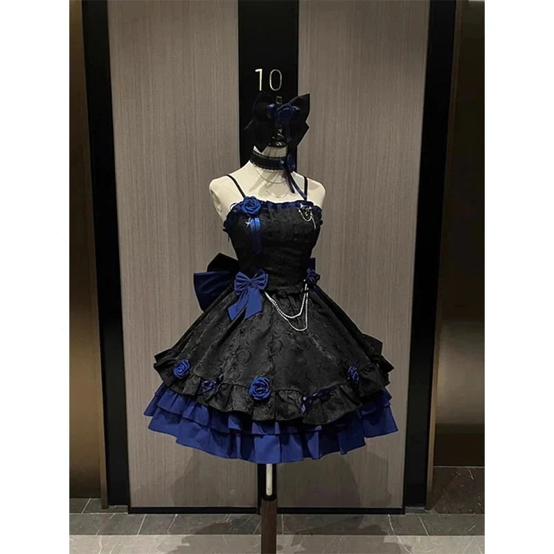 黒と青のゴスロリドレス女性ロマンチックドレスロリータ重工ハロウィン衣装