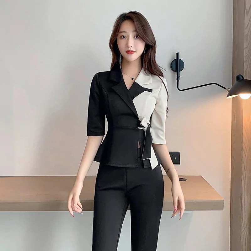 スーツセットアップユニフォームエステサロン通勤レディース女性制服おしゃれ半袖七分袖ジャケット2点セットシャツ+ズボン18w